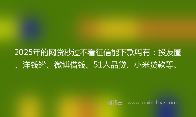 2025年的网贷秒过不看征信能下款吗有：投友圈、洋钱罐、微博借钱、51人品贷、小米贷款等。