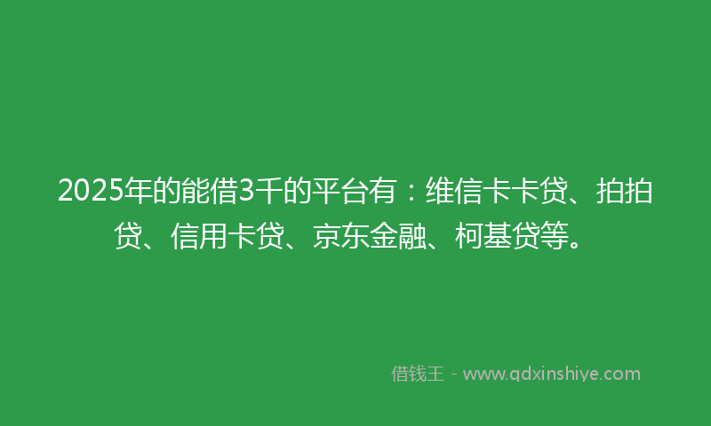 2025年的能借3千的平台有：维信卡卡贷、拍拍贷、信用卡贷、京东金融、柯基贷等。