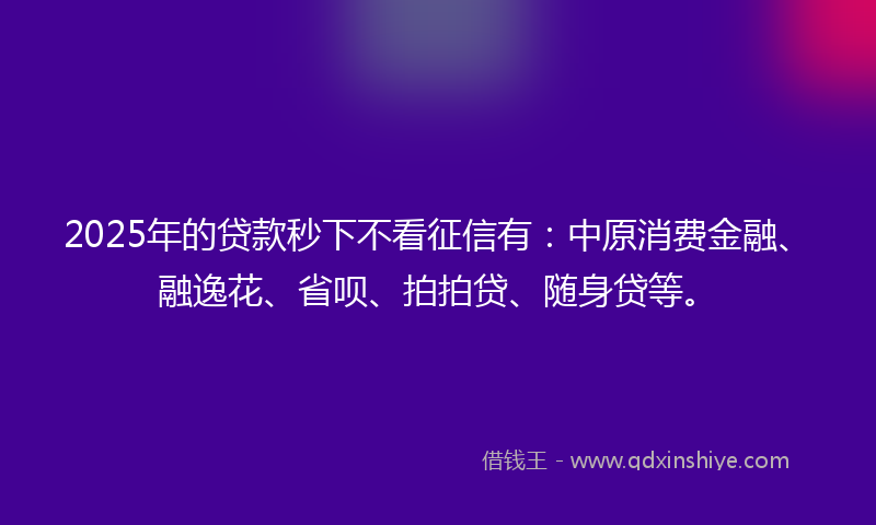 2025年的贷款秒下不看征信有：中原消费金融、融逸花、省呗、拍拍贷、随身贷等。