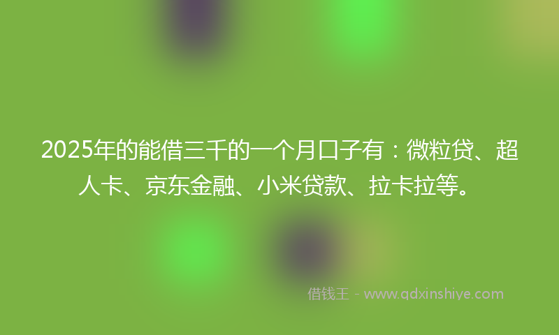 2025年的能借三千的一个月口子有：微粒贷、超人卡、京东金融、小米贷款、拉卡拉等。
