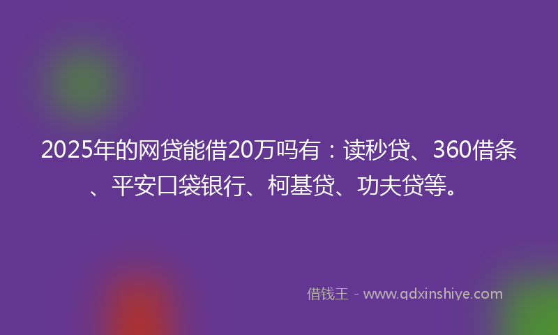 2025年的网贷能借20万吗有：读秒贷、360借条、平安口袋银行、柯基贷、功夫贷等。