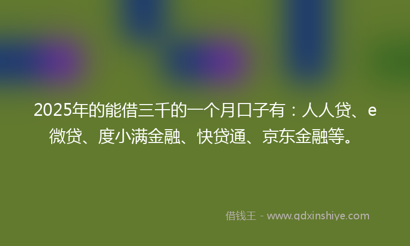 2025年的能借三千的一个月口子有：人人贷、e微贷、度小满金融、快贷通、京东金融等。
