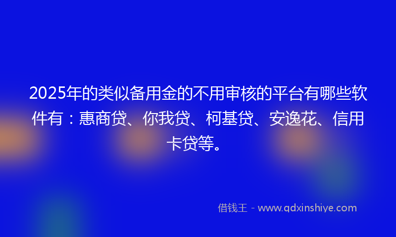2025年的类似备用金的不用审核的平台有哪些软件有：惠商贷、你我贷、柯基贷、安逸花、信用卡贷等。