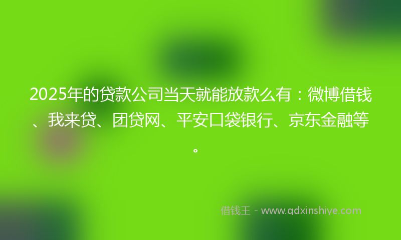 2025年的贷款公司当天就能放款么有：微博借钱、我来贷、团贷网、平安口袋银行、京东金融等。
