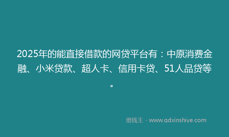 2025年的能直接借款的网贷平台有：中原消费金融、小米贷款、超人卡、信用卡贷、51人品贷等。