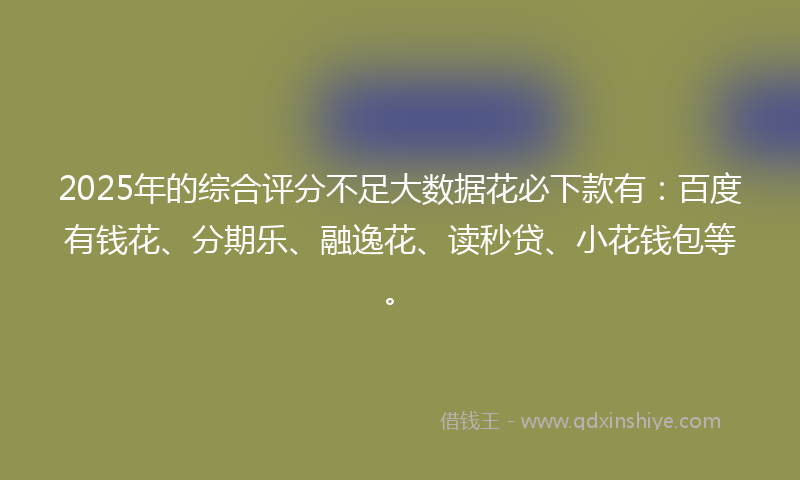 2025年的综合评分不足大数据花必下款有：百度有钱花、分期乐、融逸花、读秒贷、小花钱包等。