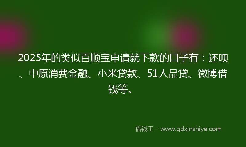 2025年的类似百顺宝申请就下款的口子有：还呗、中原消费金融、小米贷款、51人品贷、微博借钱等。