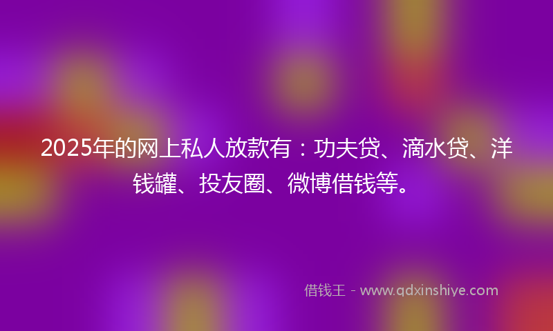 2025年的网上私人放款有：功夫贷、滴水贷、洋钱罐、投友圈、微博借钱等。