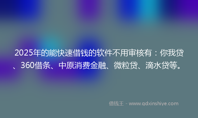 2025年的能快速借钱的软件不用审核有：你我贷、360借条、中原消费金融、微粒贷、滴水贷等。