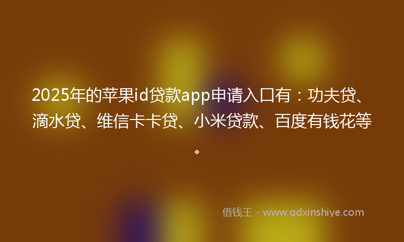 2025年的苹果id贷款app申请入口有：功夫贷、滴水贷、维信卡卡贷、小米贷款、百度有钱花等。