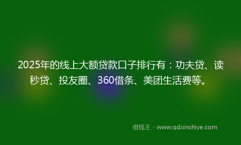 2025年的线上大额贷款口子排行有：功夫贷、读秒贷、投友圈、360借条、美团生活费等。