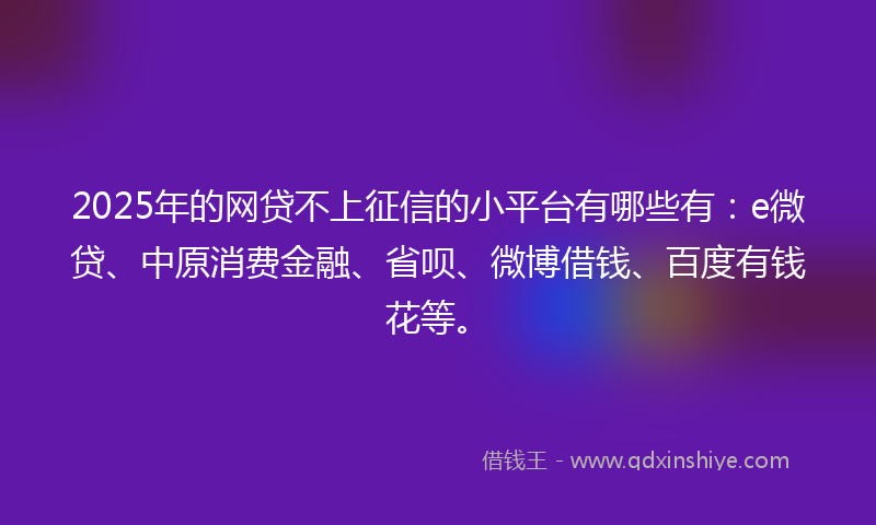 2025年的网贷不上征信的小平台有哪些有：e微贷、中原消费金融、省呗、微博借钱、百度有钱花等。