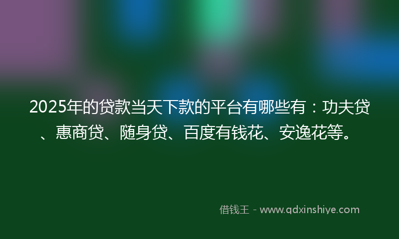 2025年的贷款当天下款的平台有哪些有：功夫贷、惠商贷、随身贷、百度有钱花、安逸花等。
