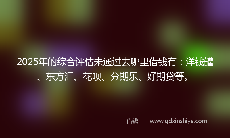 2025年的综合评估未通过去哪里借钱有：洋钱罐、东方汇、花呗、分期乐、好期贷等。