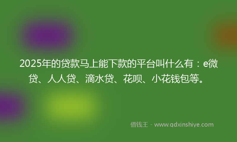 2025年的贷款马上能下款的平台叫什么有：e微贷、人人贷、滴水贷、花呗、小花钱包等。