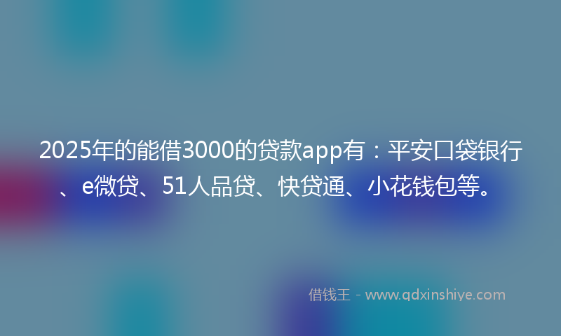 2025年的能借3000的贷款app有：平安口袋银行、e微贷、51人品贷、快贷通、小花钱包等。