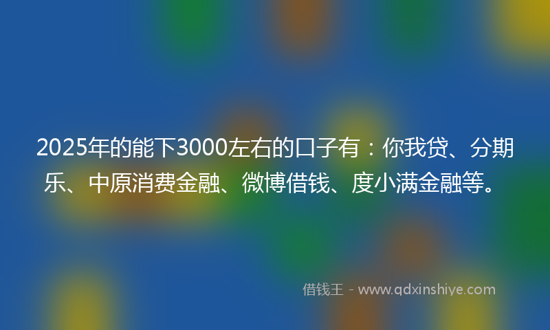 2025年的能下3000左右的口子有：你我贷、分期乐、中原消费金融、微博借钱、度小满金融等。