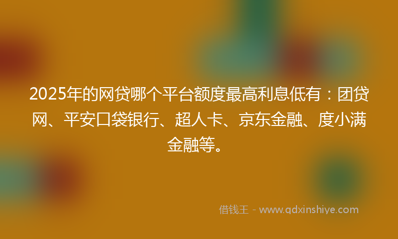 2025年的网贷哪个平台额度最高利息低有：团贷网、平安口袋银行、超人卡、京东金融、度小满金融等。