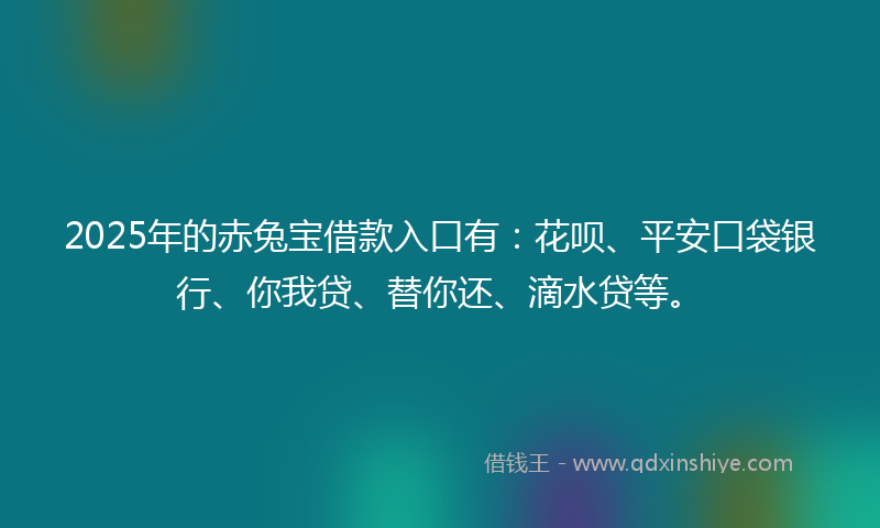 2025年的赤兔宝借款入口有：花呗、平安口袋银行、你我贷、替你还、滴水贷等。