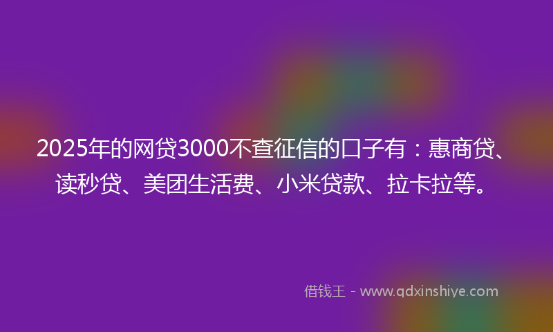 2025年的网贷3000不查征信的口子有：惠商贷、读秒贷、美团生活费、小米贷款、拉卡拉等。