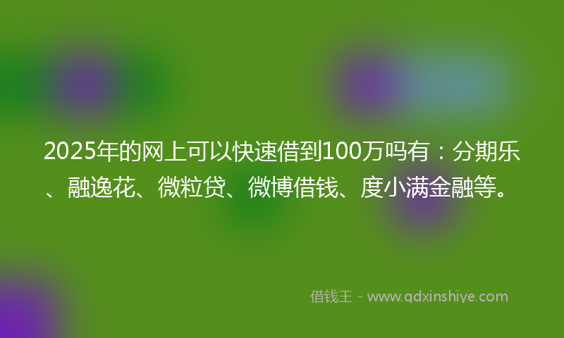 2025年的网上可以快速借到100万吗有：分期乐、融逸花、微粒贷、微博借钱、度小满金融等。