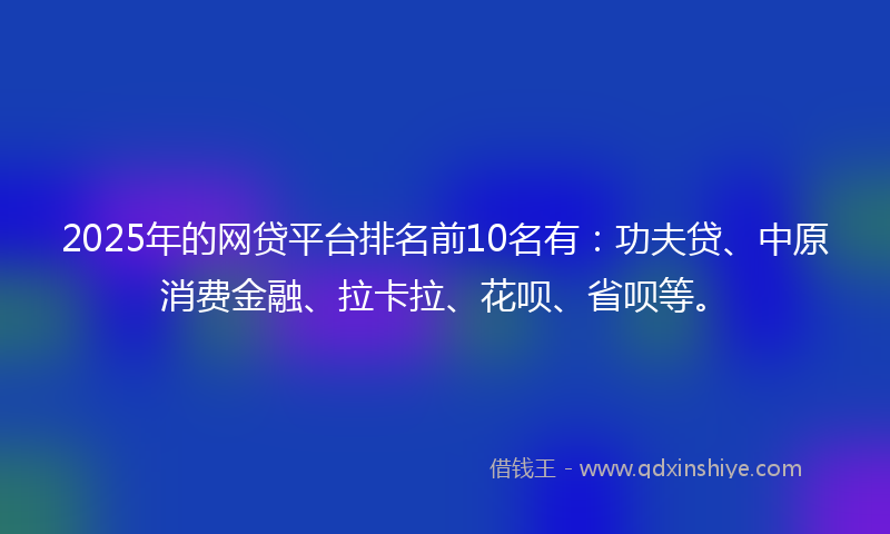 2025年的网贷平台排名前10名有：功夫贷、中原消费金融、拉卡拉、花呗、省呗等。