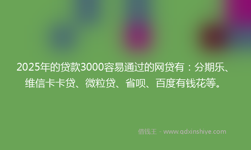 2025年的贷款3000容易通过的网贷有：分期乐、维信卡卡贷、微粒贷、省呗、百度有钱花等。