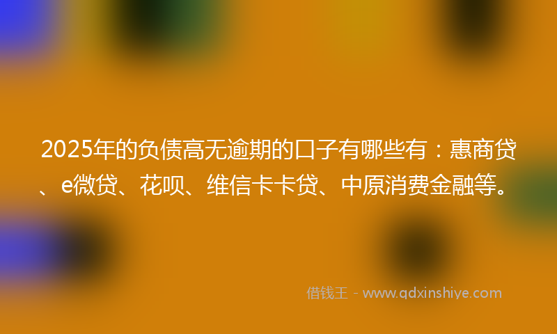 2025年的负债高无逾期的口子有哪些有：惠商贷、e微贷、花呗、维信卡卡贷、中原消费金融等。