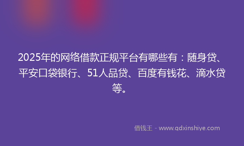 2025年的网络借款正规平台有哪些有：随身贷、平安口袋银行、51人品贷、百度有钱花、滴水贷等。