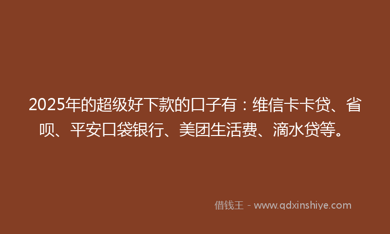 2025年的超级好下款的口子有：维信卡卡贷、省呗、平安口袋银行、美团生活费、滴水贷等。