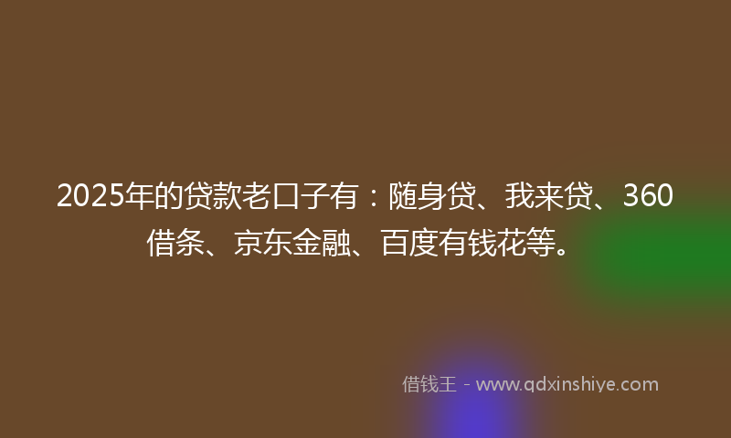 2025年的贷款老口子有：随身贷、我来贷、360借条、京东金融、百度有钱花等。
