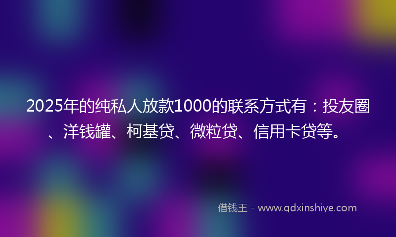 2025年的纯私人放款1000的联系方式有：投友圈、洋钱罐、柯基贷、微粒贷、信用卡贷等。