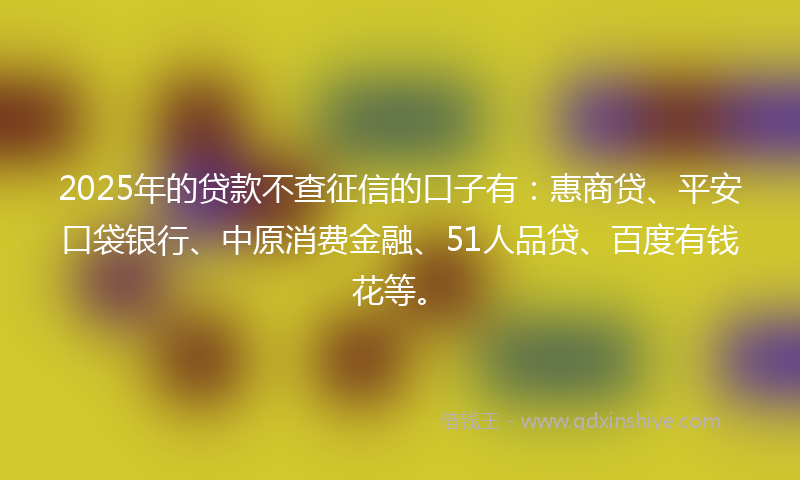 2025年的贷款不查征信的口子有：惠商贷、平安口袋银行、中原消费金融、51人品贷、百度有钱花等。