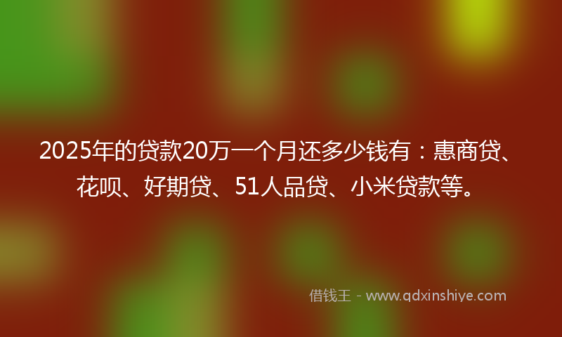 2025年的贷款20万一个月还多少钱有：惠商贷、花呗、好期贷、51人品贷、小米贷款等。