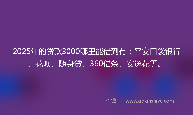 2025年的贷款3000哪里能借到有：平安口袋银行、花呗、随身贷、360借条、安逸花等。