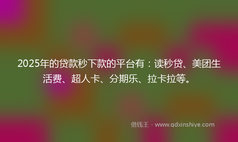 2025年的贷款秒下款的平台有：读秒贷、美团生活费、超人卡、分期乐、拉卡拉等。