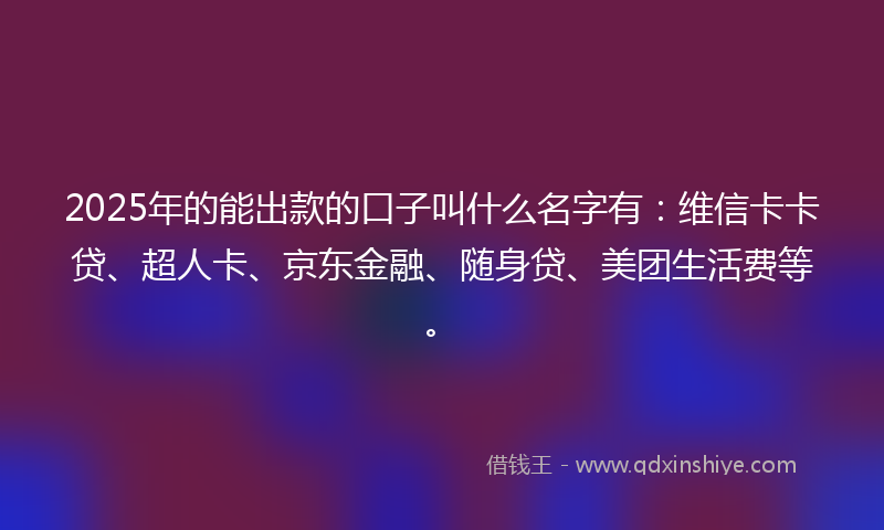 2025年的能出款的口子叫什么名字有：维信卡卡贷、超人卡、京东金融、随身贷、美团生活费等。