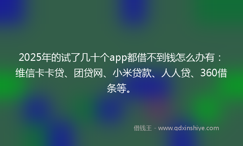 2025年的试了几十个app都借不到钱怎么办有：维信卡卡贷、团贷网、小米贷款、人人贷、360借条等。