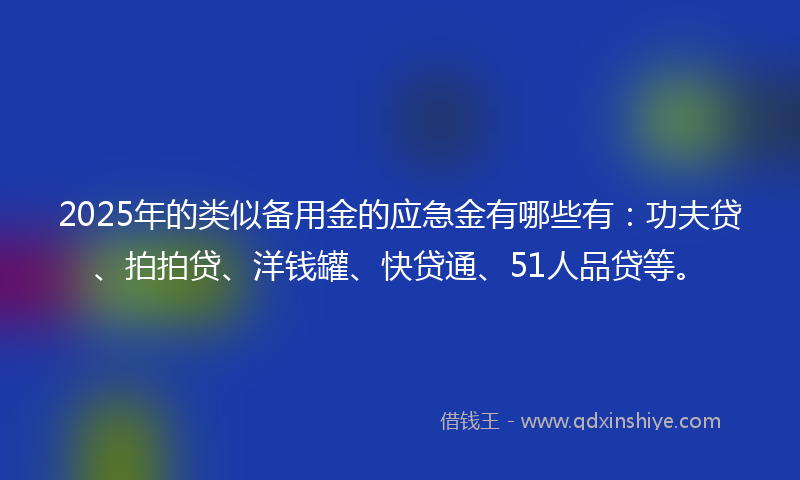 2025年的类似备用金的应急金有哪些有：功夫贷、拍拍贷、洋钱罐、快贷通、51人品贷等。
