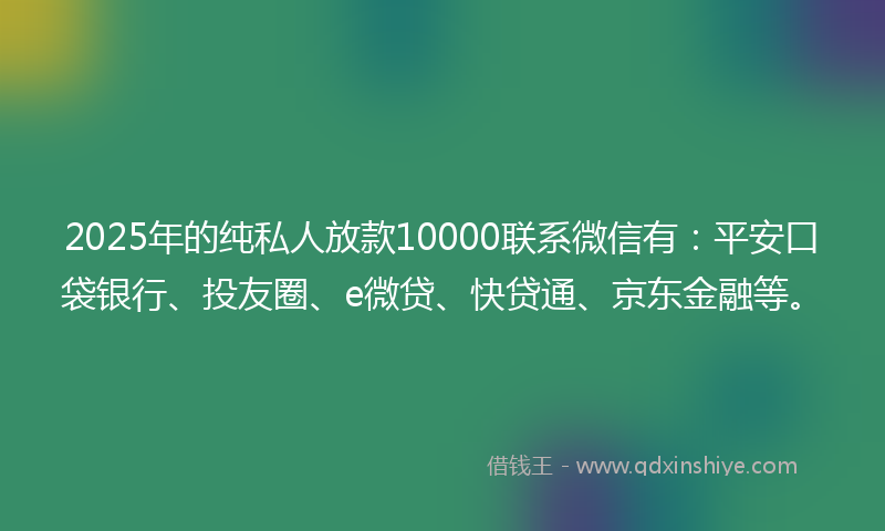 2025年的纯私人放款10000联系微信有：平安口袋银行、投友圈、e微贷、快贷通、京东金融等。