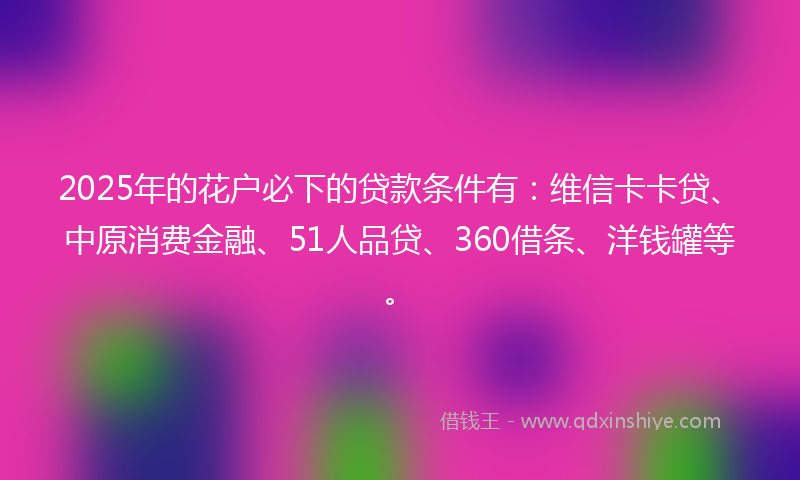2025年的花户必下的贷款条件有：维信卡卡贷、中原消费金融、51人品贷、360借条、洋钱罐等。