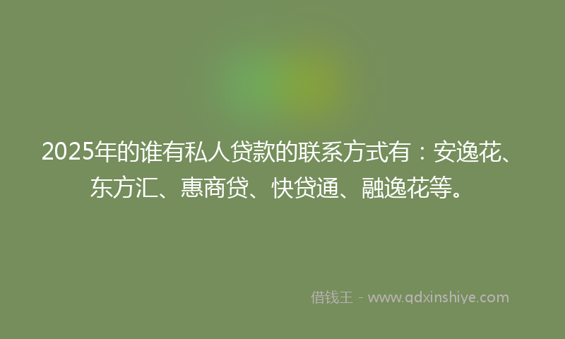 2025年的谁有私人贷款的联系方式有：安逸花、东方汇、惠商贷、快贷通、融逸花等。