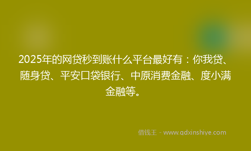 2025年的网贷秒到账什么平台最好有：你我贷、随身贷、平安口袋银行、中原消费金融、度小满金融等。
