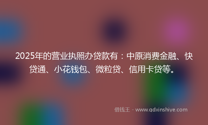 2025年的营业执照办贷款有：中原消费金融、快贷通、小花钱包、微粒贷、信用卡贷等。