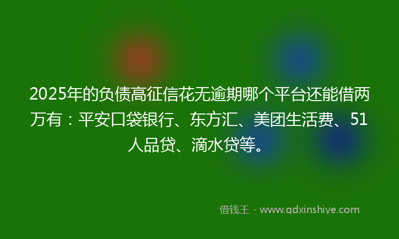 2025年的负债高征信花无逾期哪个平台还能借两万有：平安口袋银行、东方汇、美团生活费、51人品贷、滴水贷等。