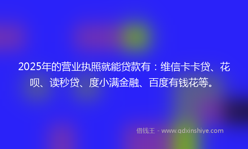 2025年的营业执照就能贷款有：维信卡卡贷、花呗、读秒贷、度小满金融、百度有钱花等。