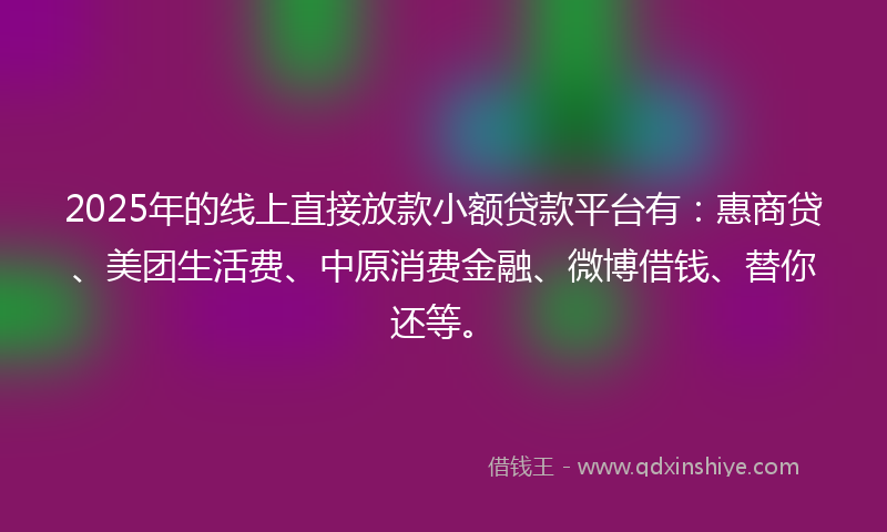 2025年的线上直接放款小额贷款平台有：惠商贷、美团生活费、中原消费金融、微博借钱、替你还等。