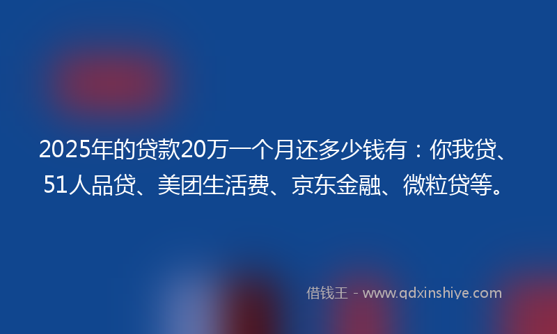 2025年的贷款20万一个月还多少钱有：你我贷、51人品贷、美团生活费、京东金融、微粒贷等。
