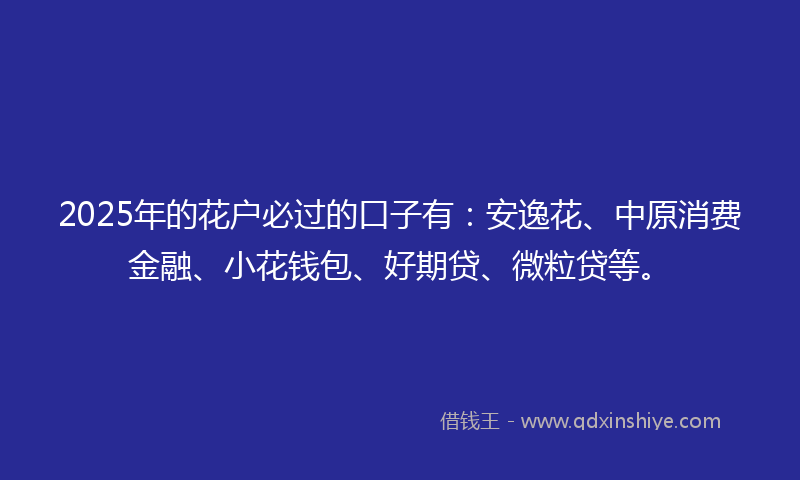 2025年的花户必过的口子有：安逸花、中原消费金融、小花钱包、好期贷、微粒贷等。