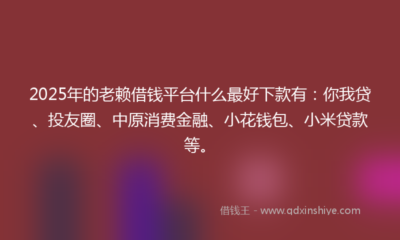 2025年的老赖借钱平台什么最好下款有：你我贷、投友圈、中原消费金融、小花钱包、小米贷款等。
